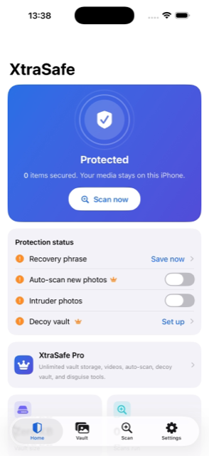 XtraSafe home screen showing protection status